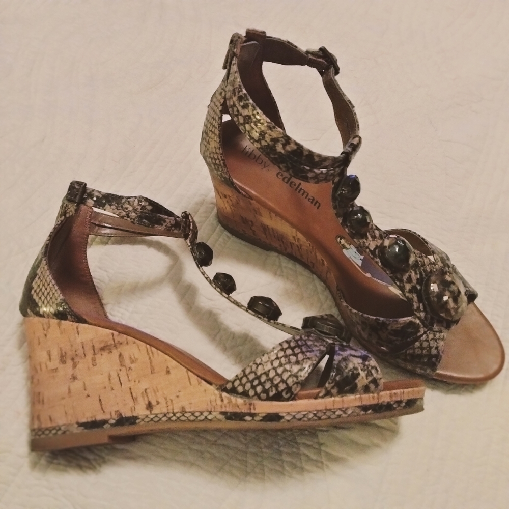 Libby Edelman Bani-Parrot Snakeskin Wedge Sandals